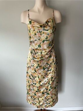 INMOD Satin Floral Faux Wrap Midi Slip Sun Dress Cowl Neck Small